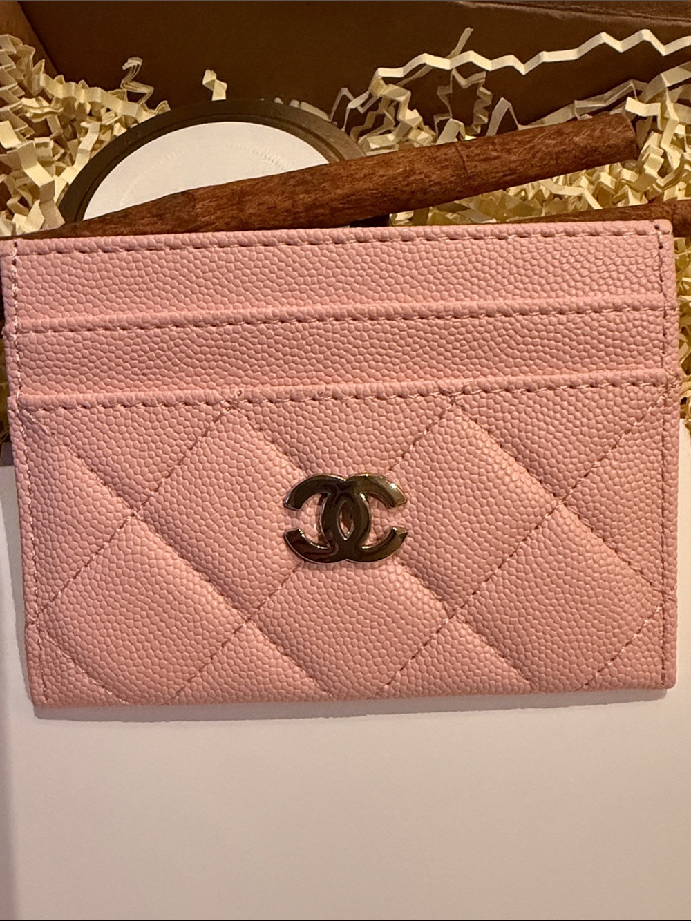 Pink Quilted Leather Card Holder with CC Logo